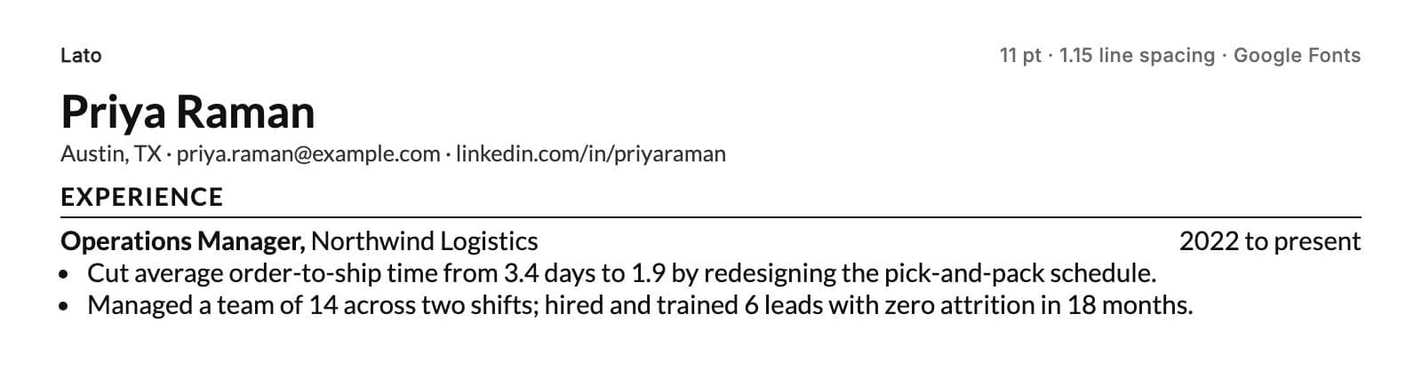 Lato at 11 pt with 1.15 line spacing on the same resume header, section heading and two bullet points