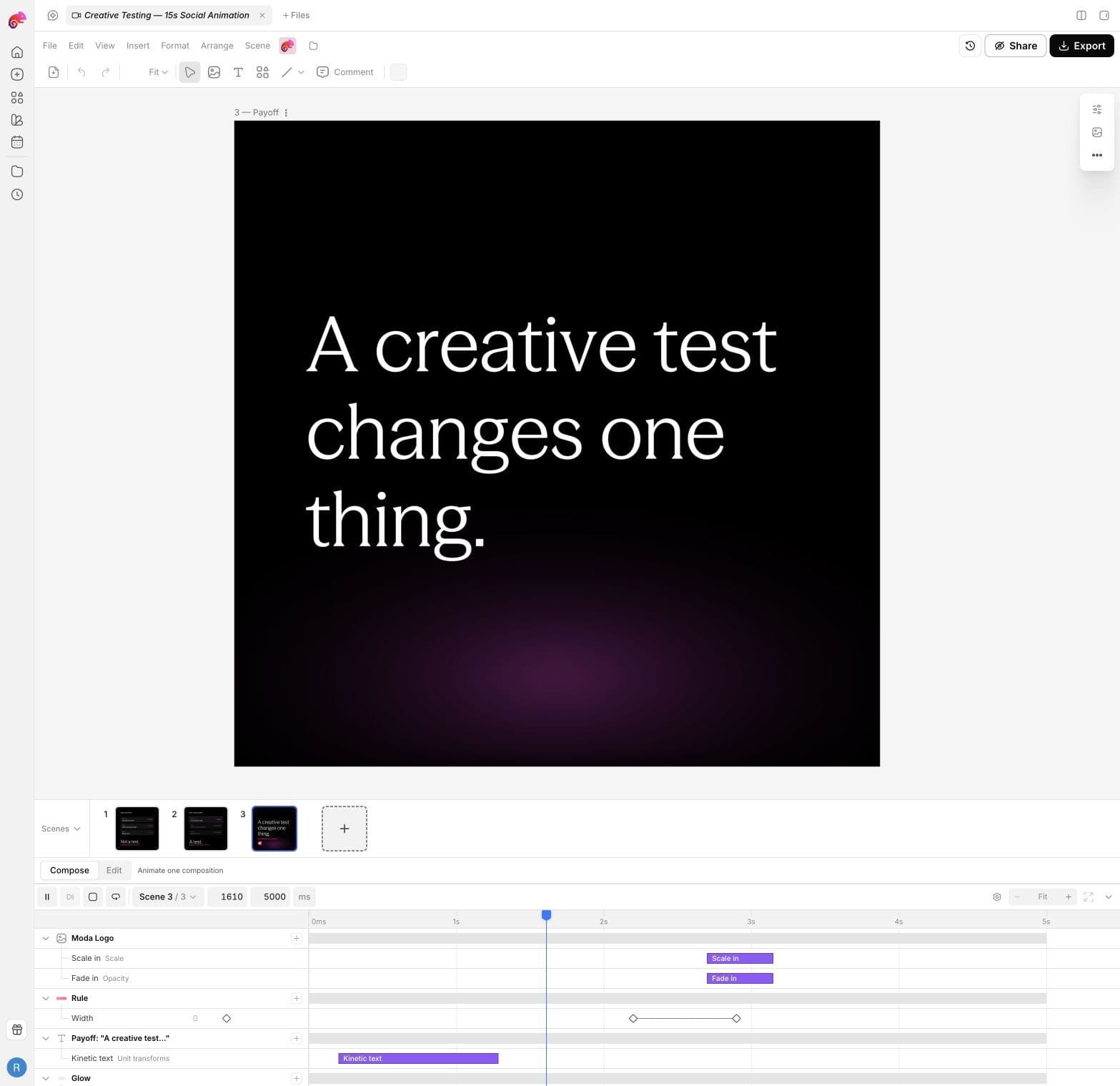 The final scene in the editable Moda animation timeline