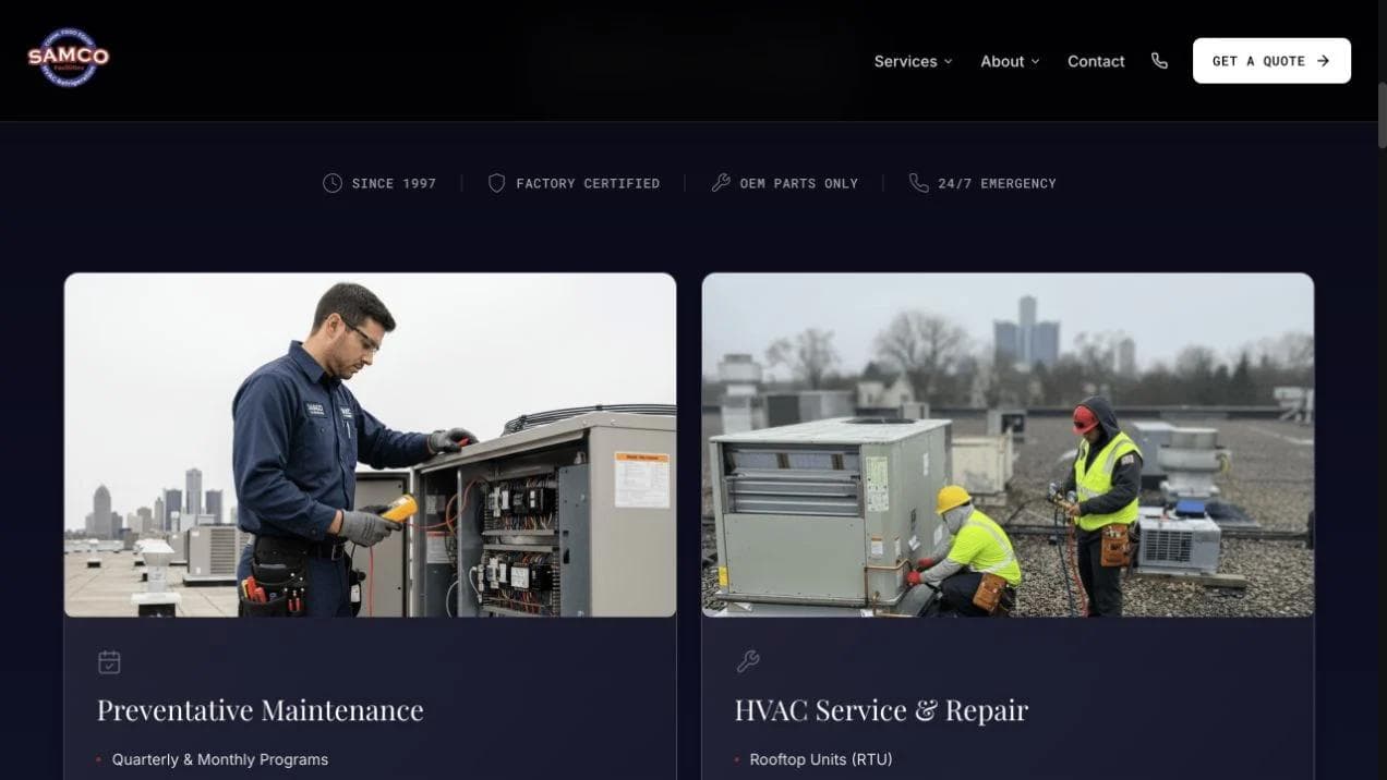 Samco Facilities Maintenance middle website section