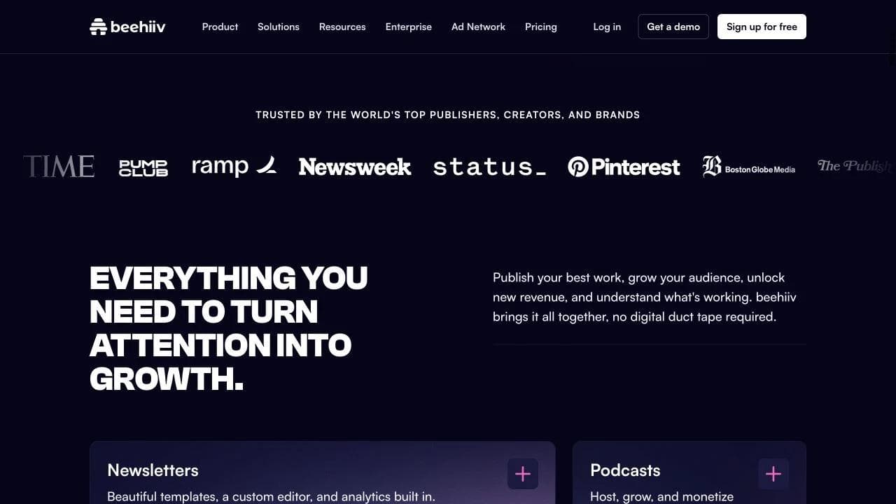 beehiiv landing page section organizing newsletters, podcasts, and products around attention and growth