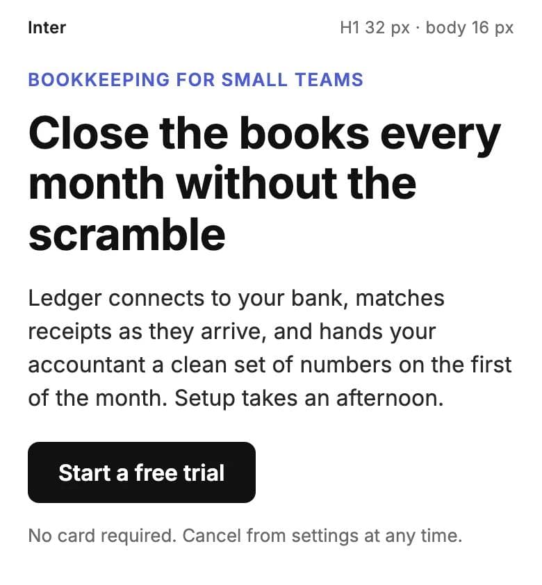Inter rendered as a 390 px wide landing section: 32 px bold heading, 16 px paragraph and a button