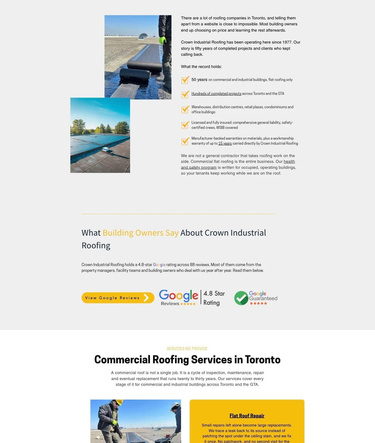 Crown Industrial Roofing commercial track record, crew model, and service focus