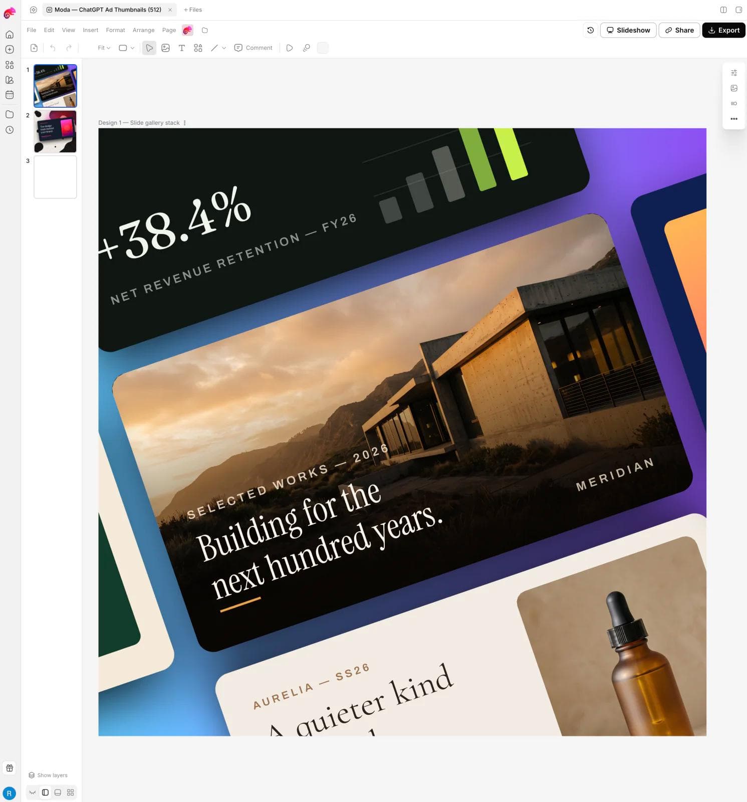 Moda design editor with page thumbnails, layout controls, and presentation examples on an editable canvas