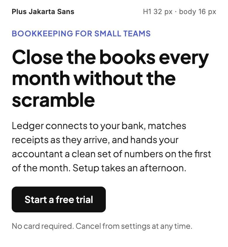 Plus Jakarta Sans rendered as a 390 px wide landing section: 32 px bold heading, 16 px paragraph and a button