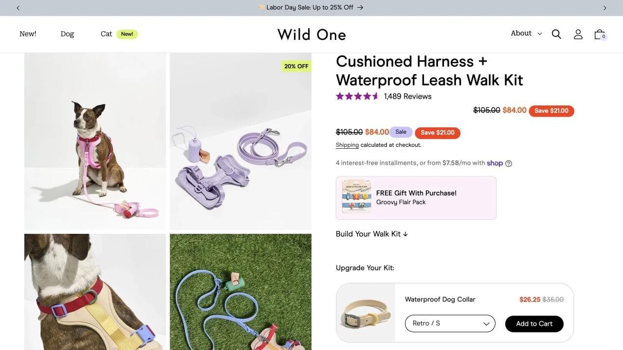 Wild One walk kit product configurator with harness leash color and size choices