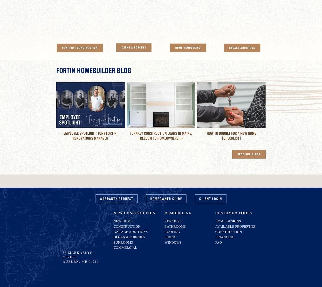 Fortin Construction educational articles, warranty request, homeowner guide, and client login