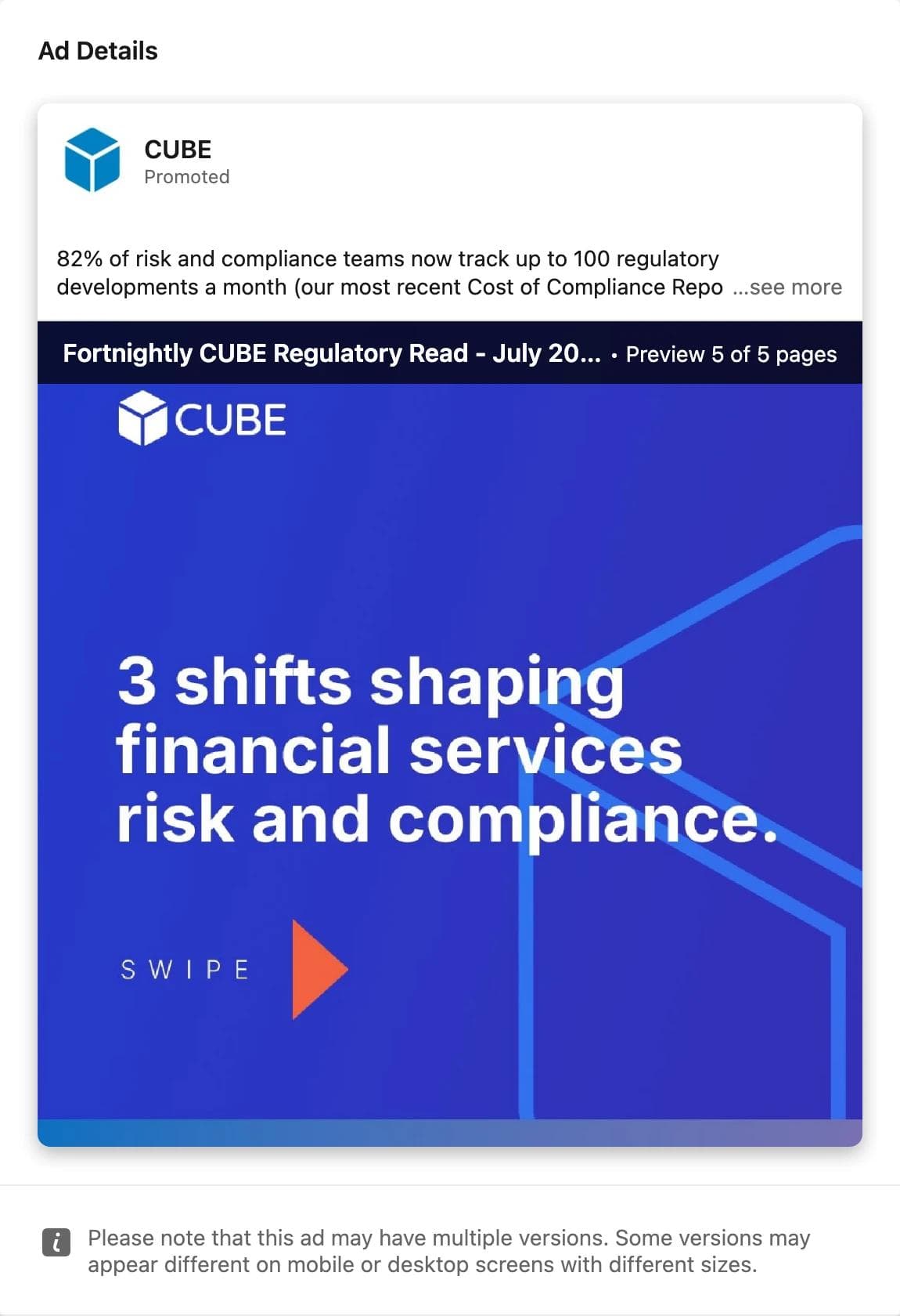 LinkedIn document ad by CUBE: the first page of a five-page PDF reads 3 shifts shaping financial services risk and compliance with a SWIPE arrow
