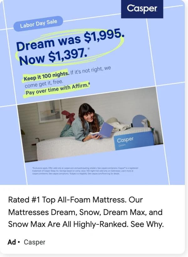 Ads Transparency Center detail view of a Casper image ad: a sale headline with the old and new price over a photo of a person on a mattress, with a rating line underneath