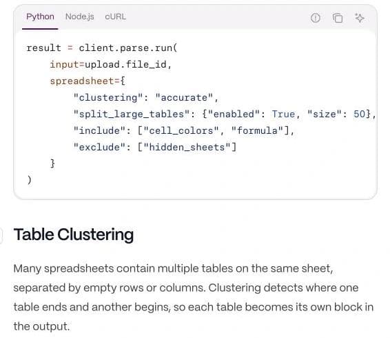 Reducto spreadsheet configuration showing table clustering, formula inclusion, and hidden-sheet exclusion.