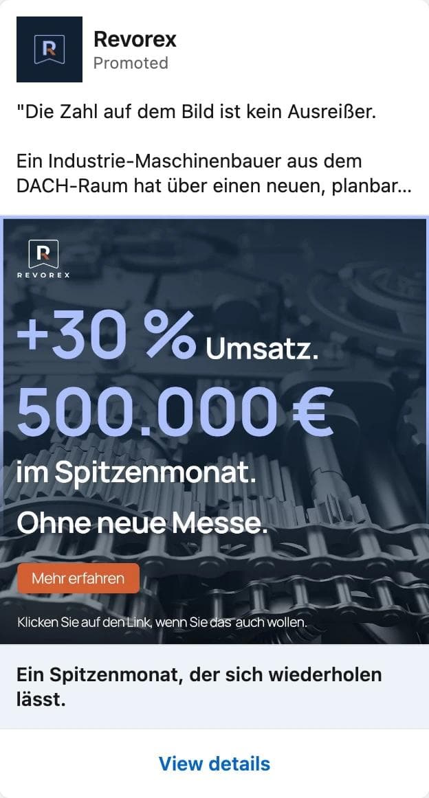 LinkedIn ad by Revorex with a large plus 30 percent revenue and 500,000 euro statistic on a dark card, a Mehr erfahren button drawn into the image, and a headline about a peak month that can be repeated