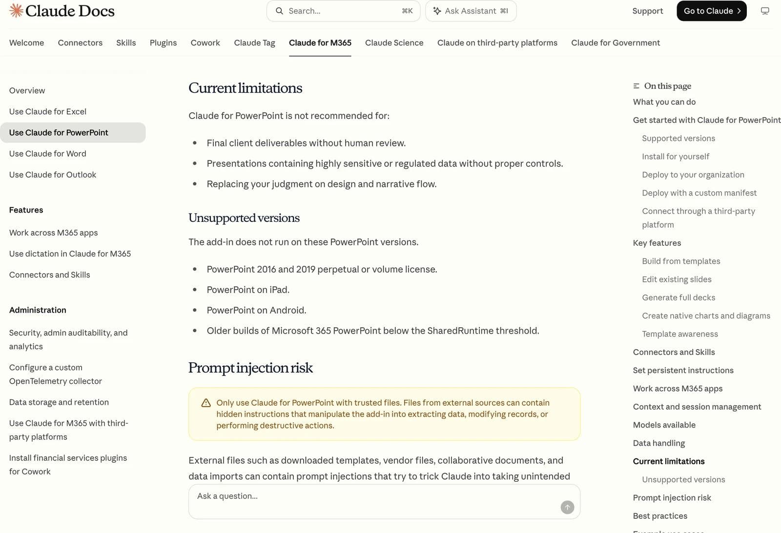 Anthropic's published limitations and unsupported versions for Claude for PowerPoint