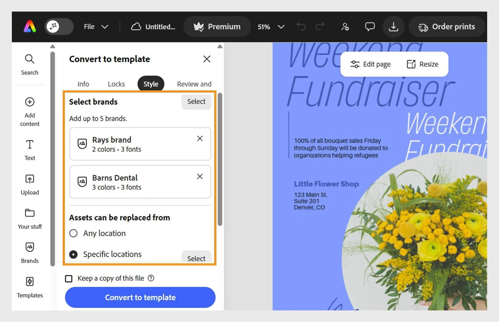 Adobe Express Convert to template panel with selected brands and controls limiting replacement assets to approved locations