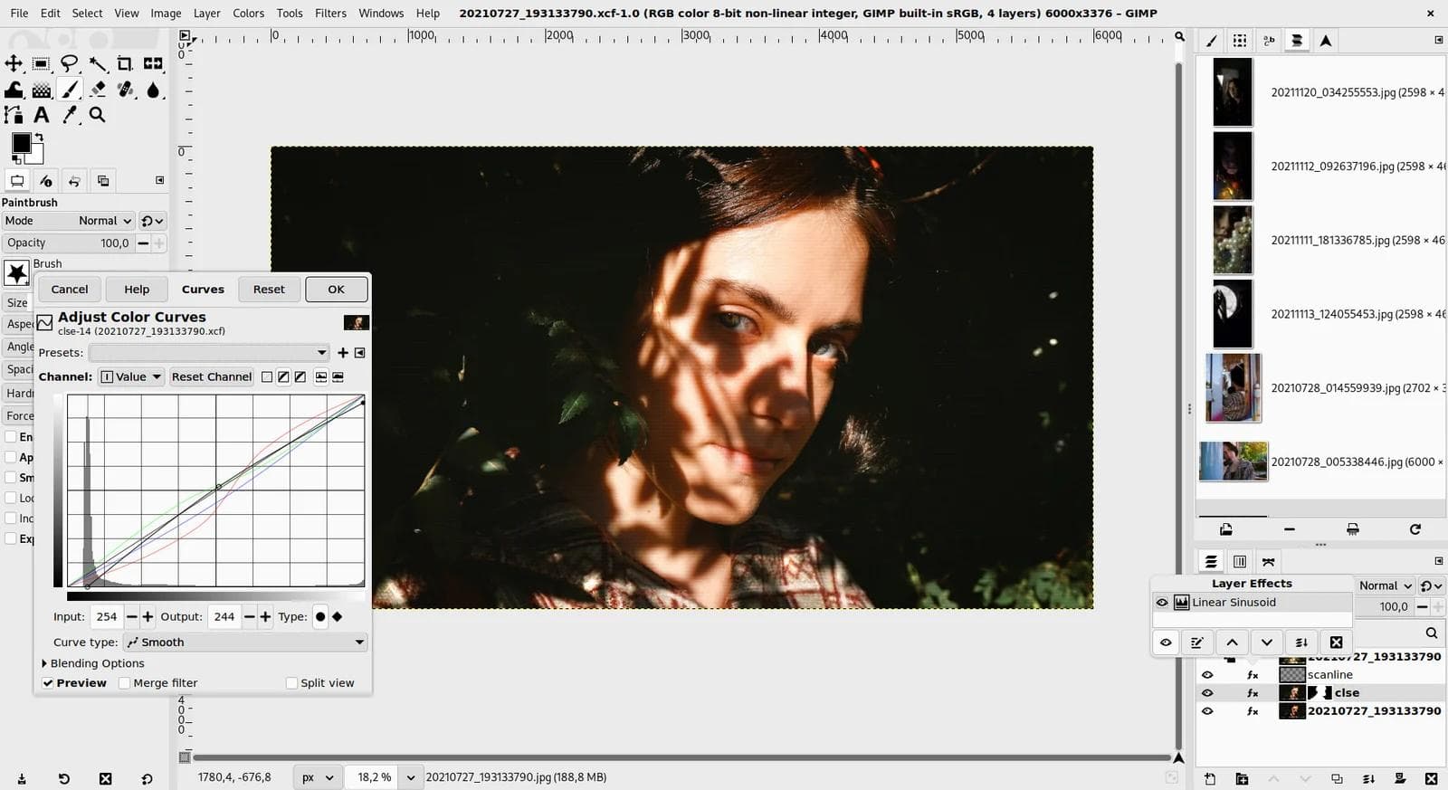 GIMP with a portrait, the Curves adjustment dialog, and the Layer Effects panel open.