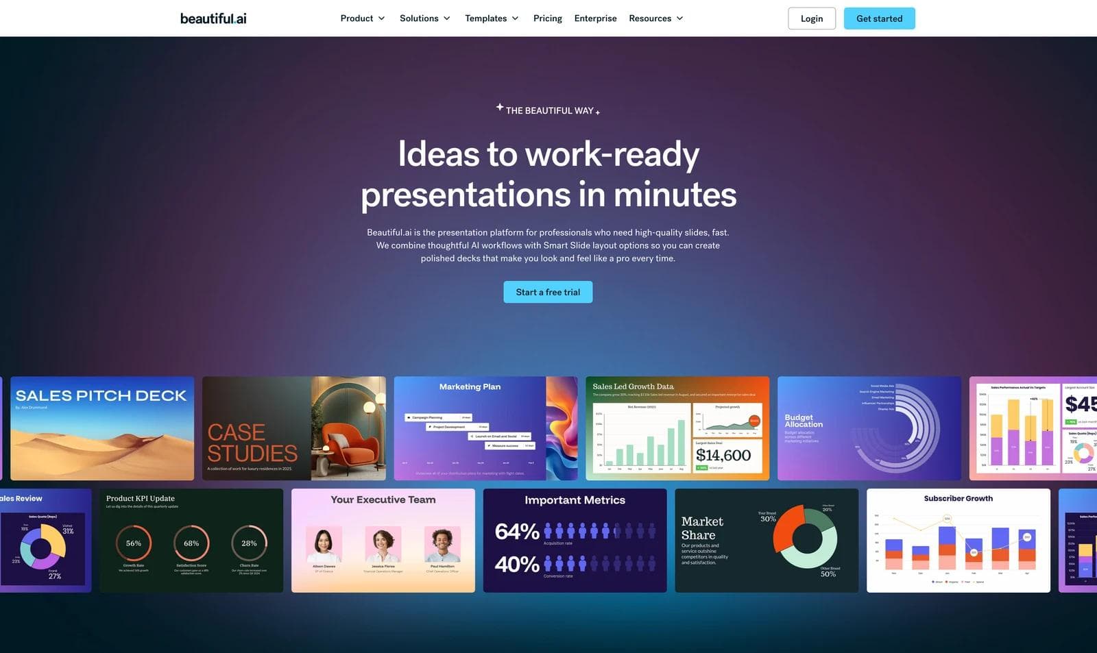 Beautiful.ai product page showing its presentation platform and a gallery of business slide layouts