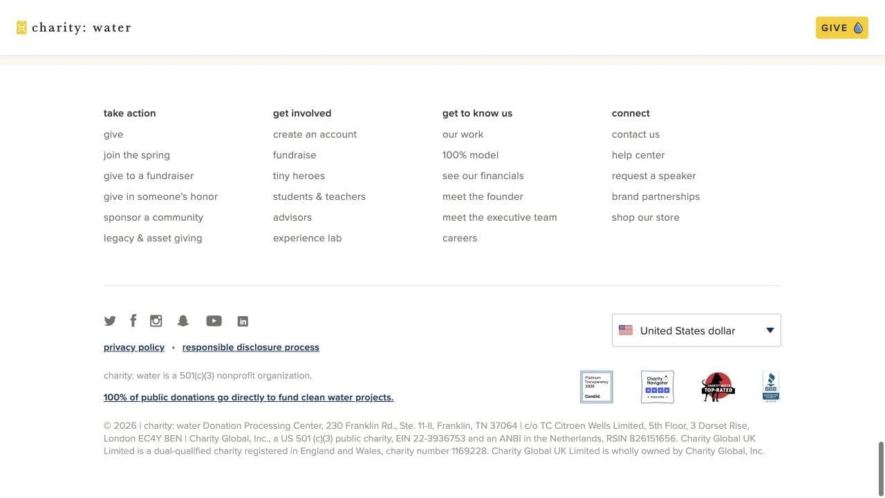 charity: water closing website section