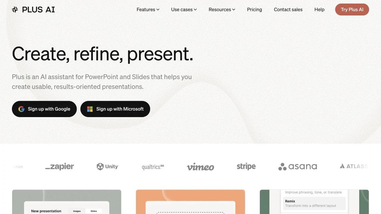 Plus AI public page describing its assistant for creating and refining presentations in PowerPoint and Google Slides