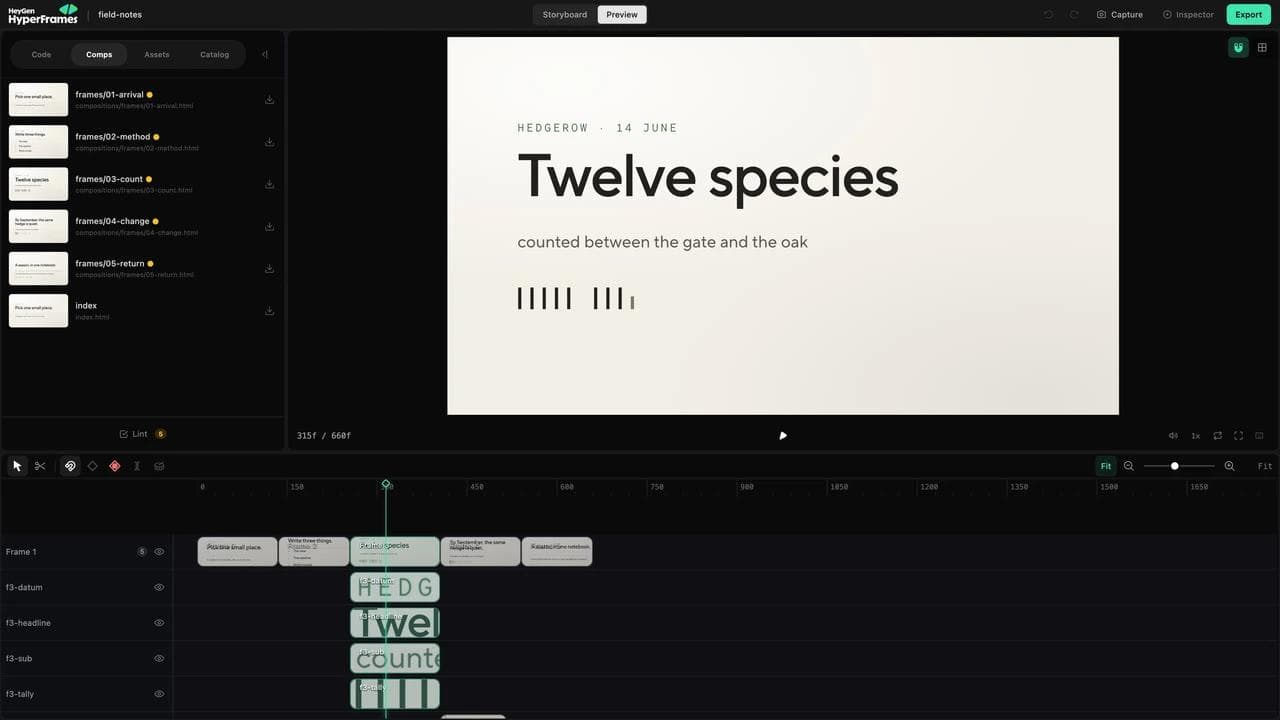 HyperFrames Studio showing composition files, a live frame, editing controls, and a multitrack timeline