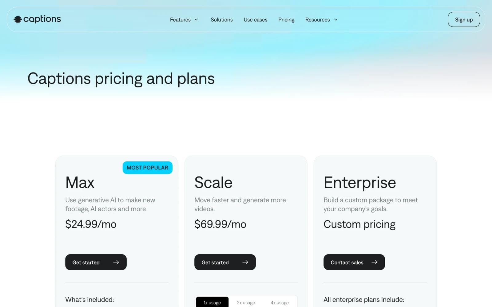 Captions pricing page showing Max at $24.99 a month, Scale at $69.99, and Enterprise