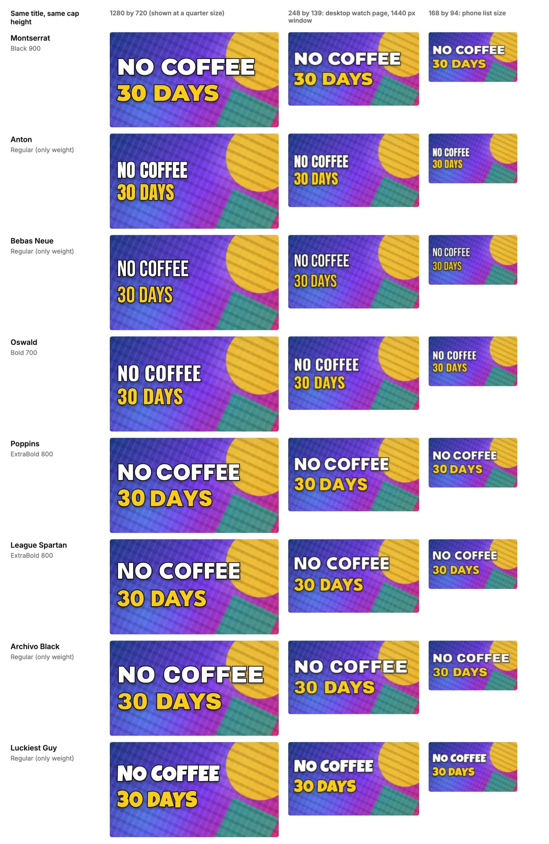 Eight thumbnail fonts, each shown at 1280 by 720, at 248 by 139 as on a desktop watch page, and at 168 by 94 as in a phone list