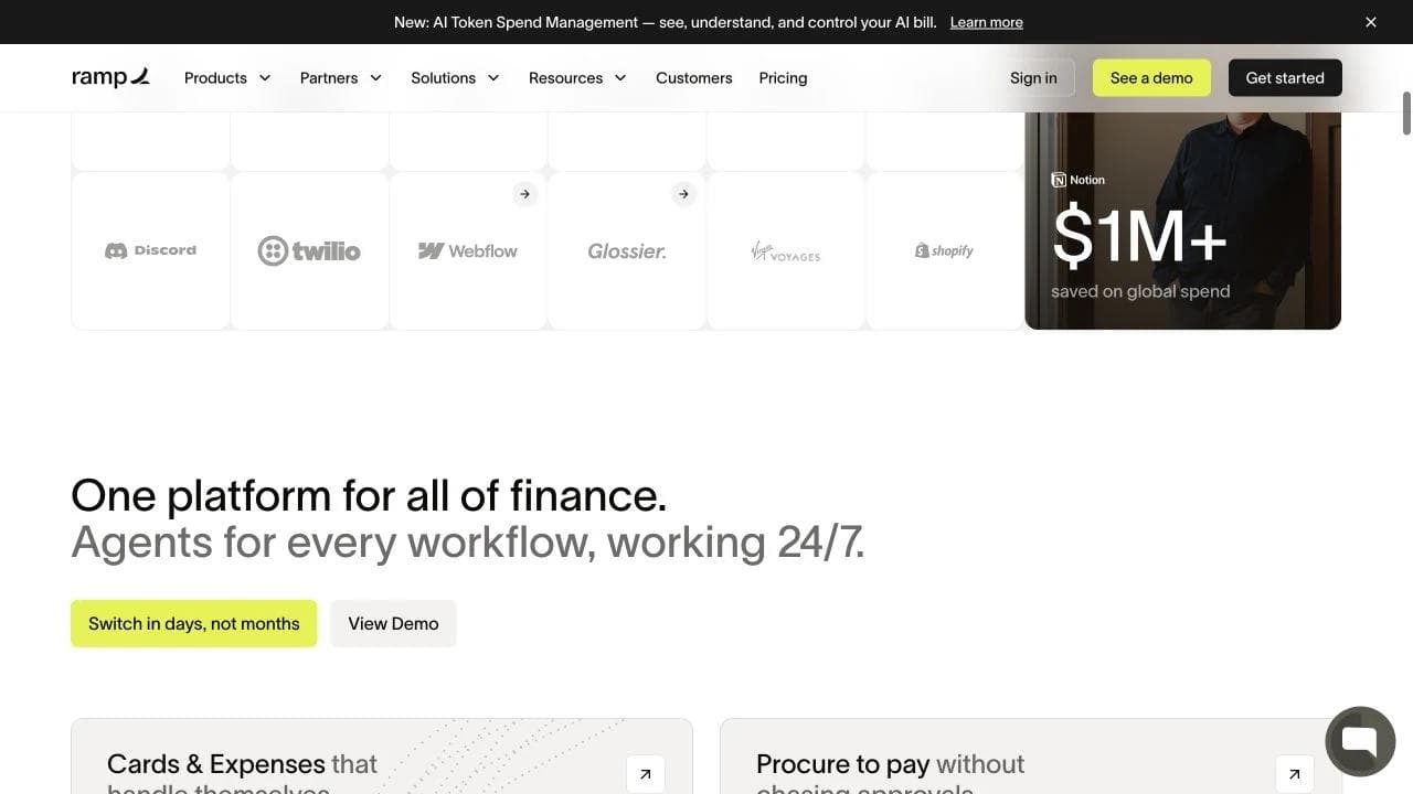 Ramp platform section mapping cards, procurement, accounting, banking, and integrations
