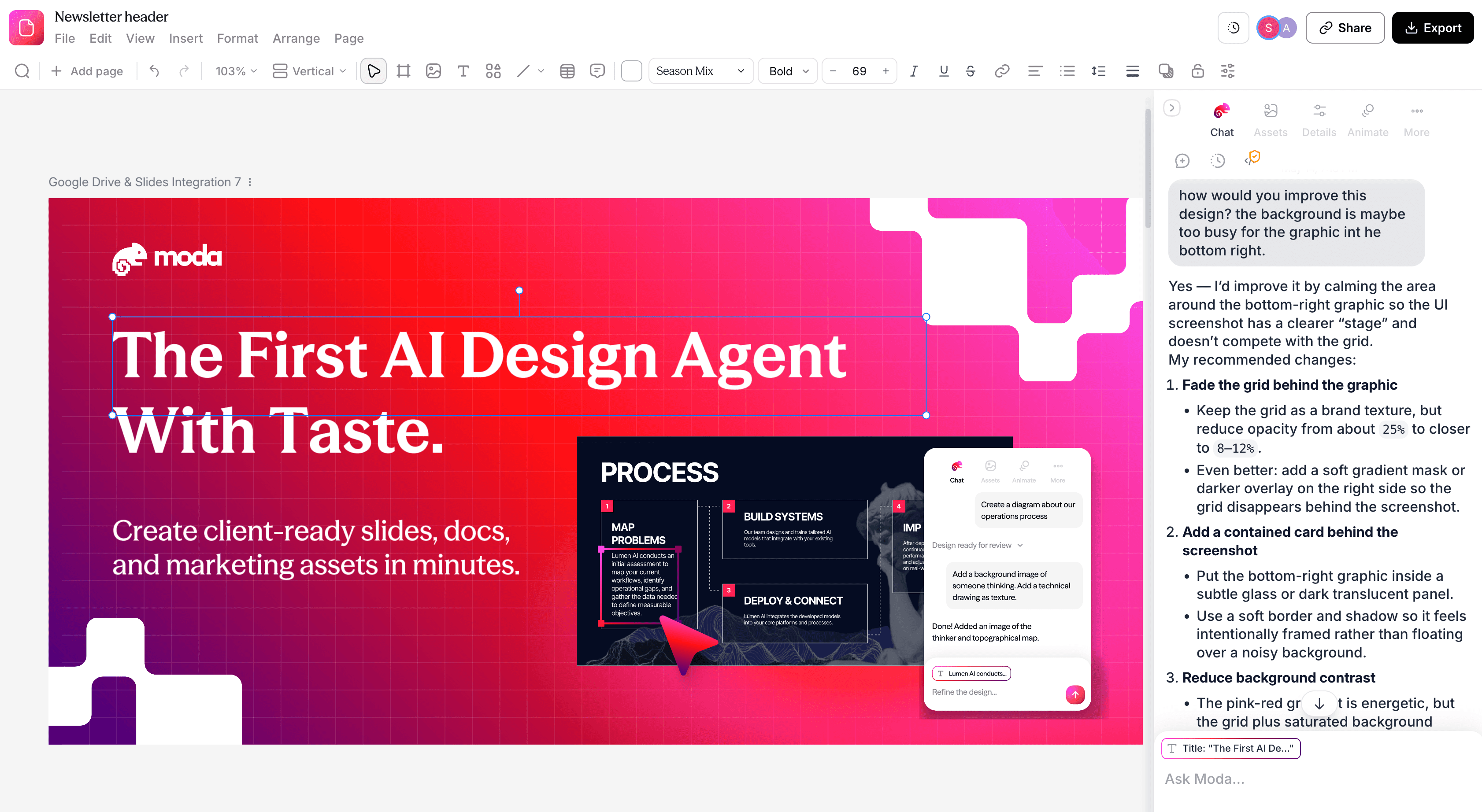 Moda editor with a branded presentation slide selected on the canvas and AI revision controls beside it