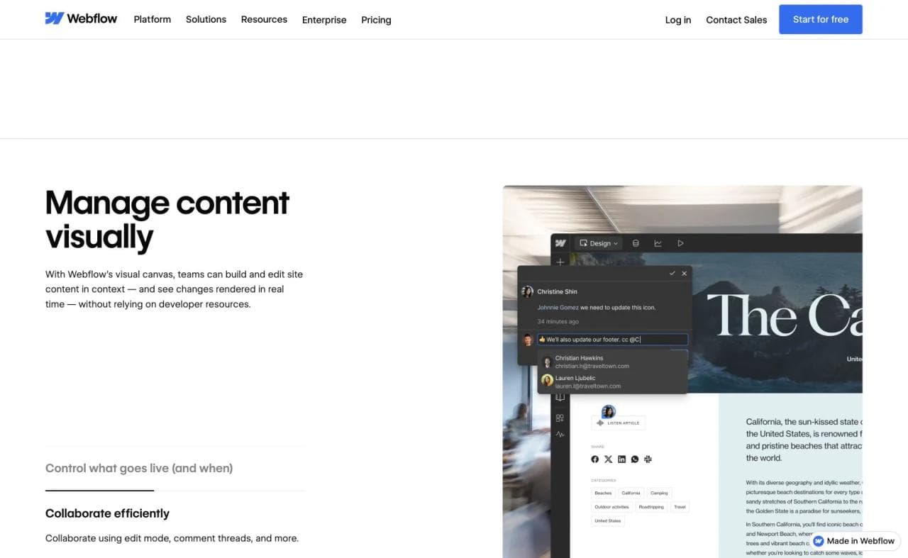 Webflow visual CMS demonstration with in-context page editing and collaborator comments