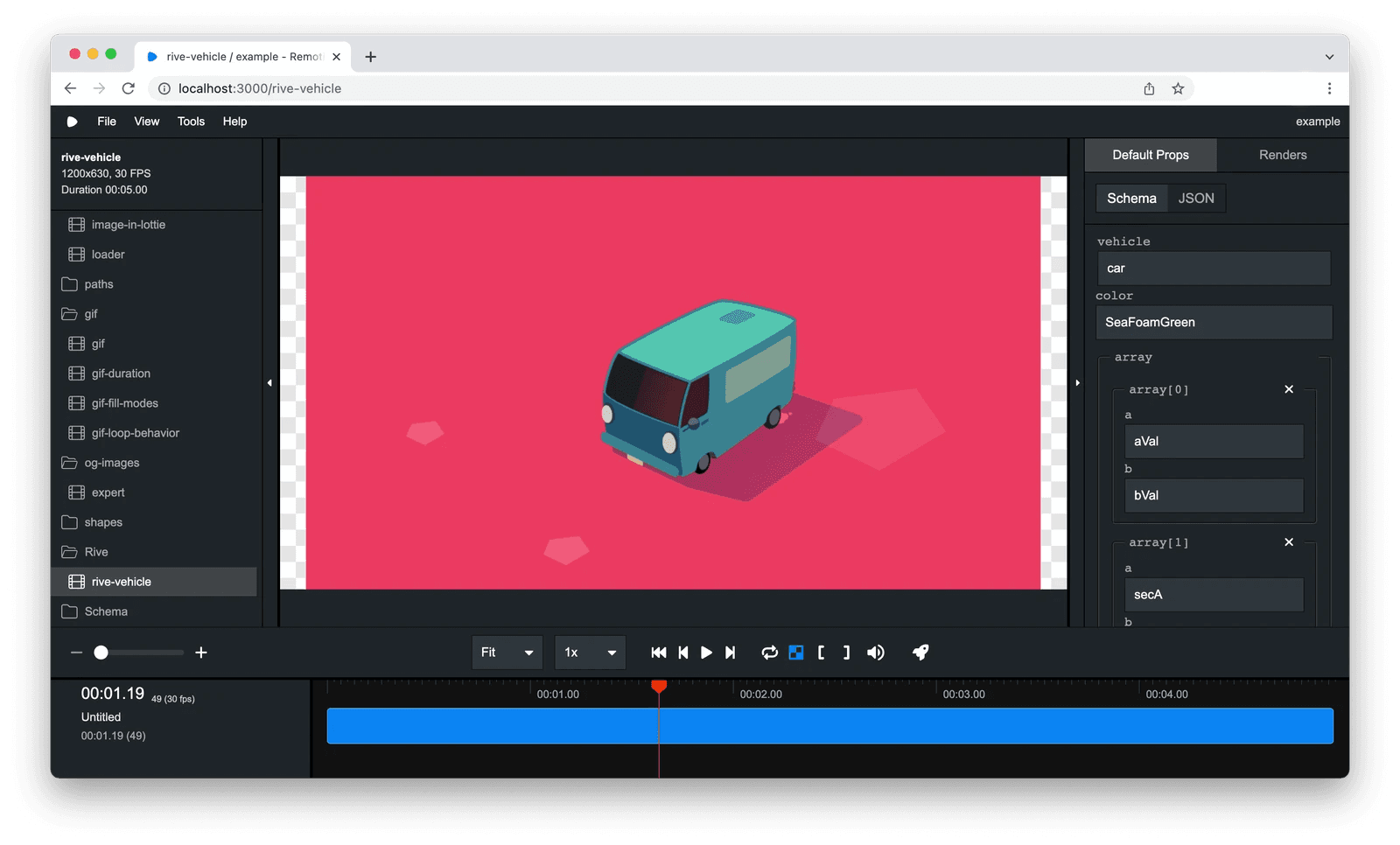 Remotion Studio showing a composition browser, video preview, typed props, render controls, and timeline