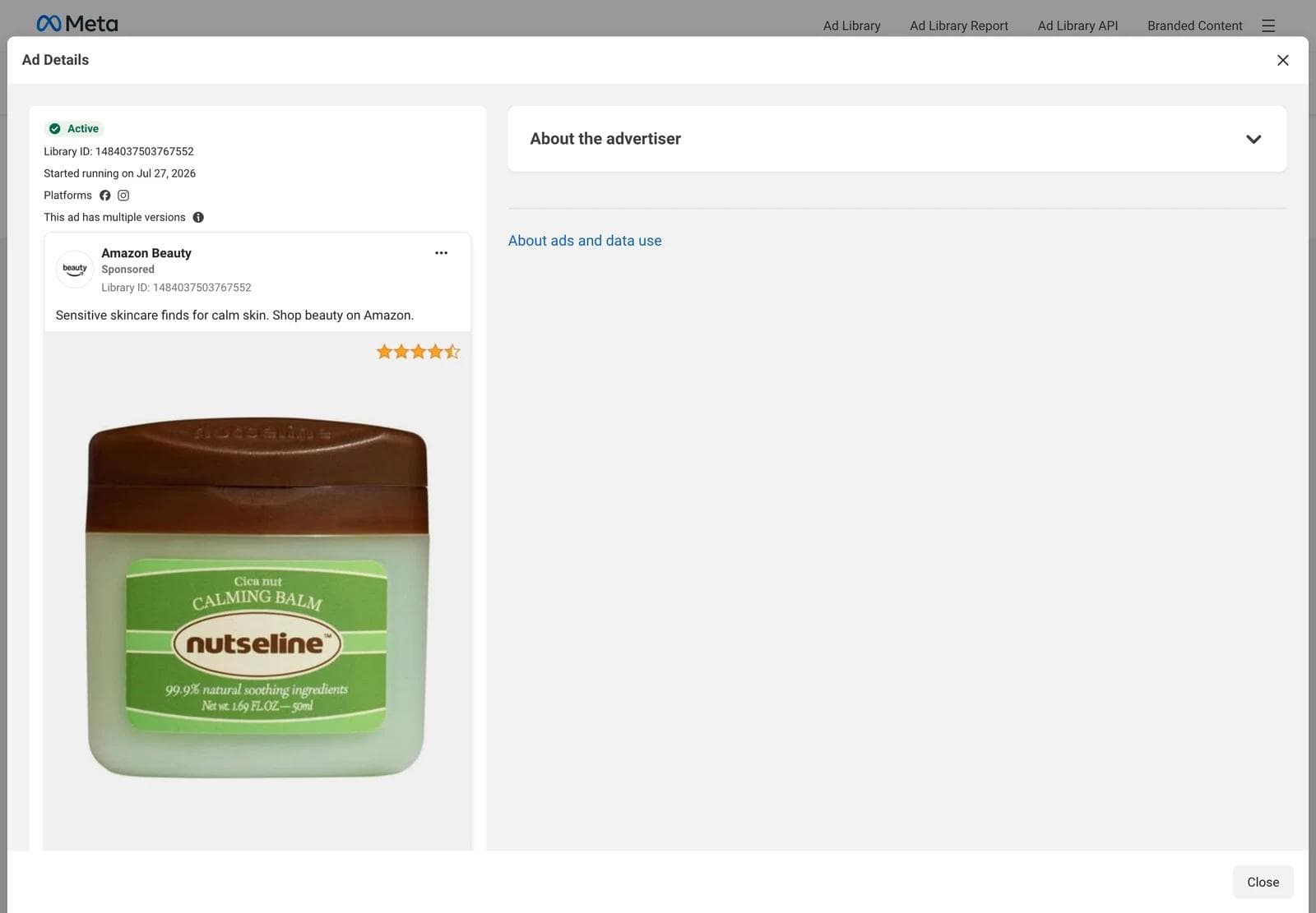 The Ad Details panel for an Amazon Beauty ad with a vertical product image, showing Platforms, the versions flag, and About the advertiser