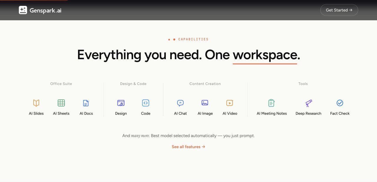 Genspark capability overview grouping slides, sheets, documents, design, images, video, and research in one workspace