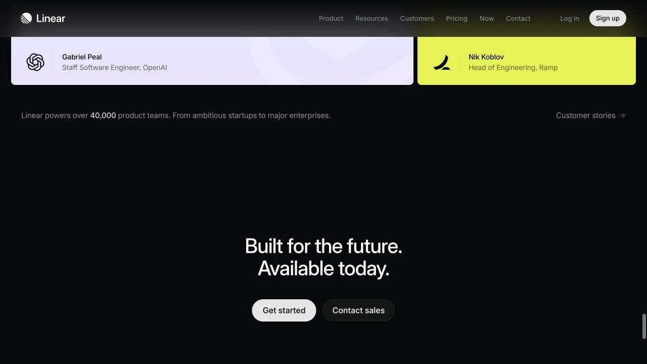 Linear final landing page CTA with get started and contact sales options