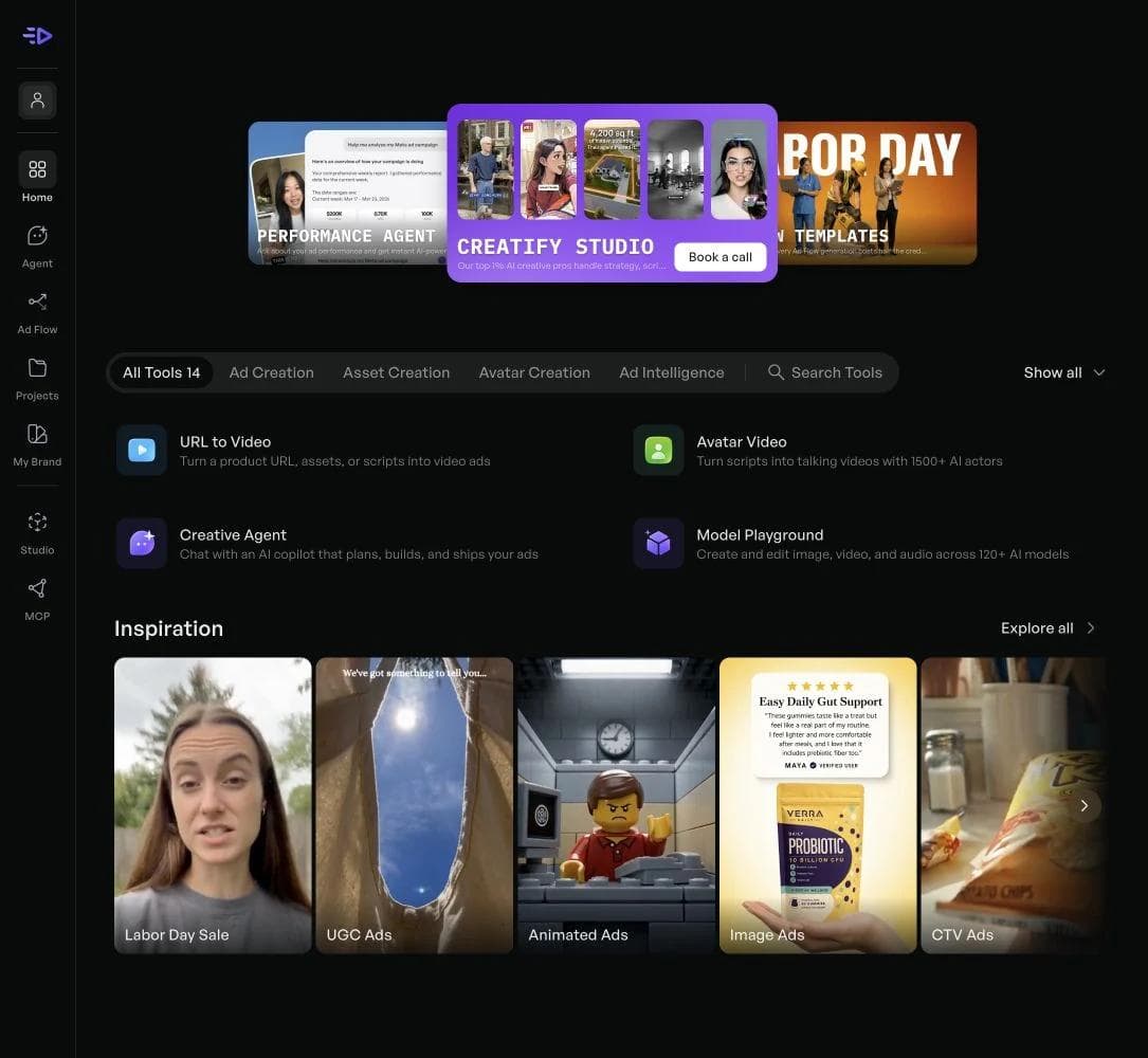 Creatify workspace with URL to Video, Creative Agent, Avatar Video, Model Playground, and ad inspiration categories