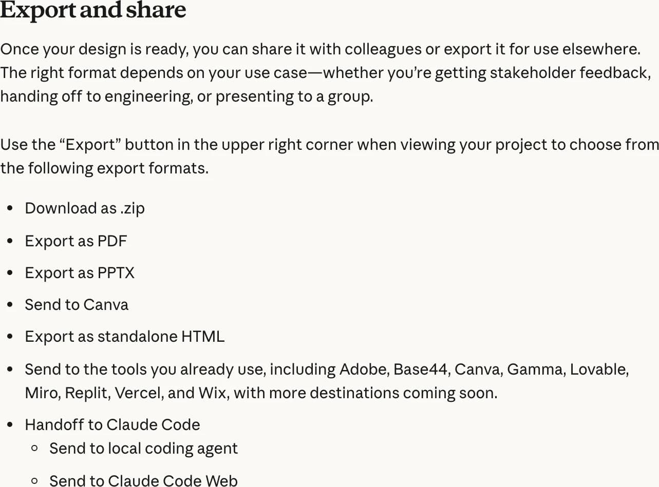 Anthropic's help centre listing the Claude Design export options: zip, PDF, PPTX, Canva, standalone HTML, nine partner destinations, and handoff to Claude Code
