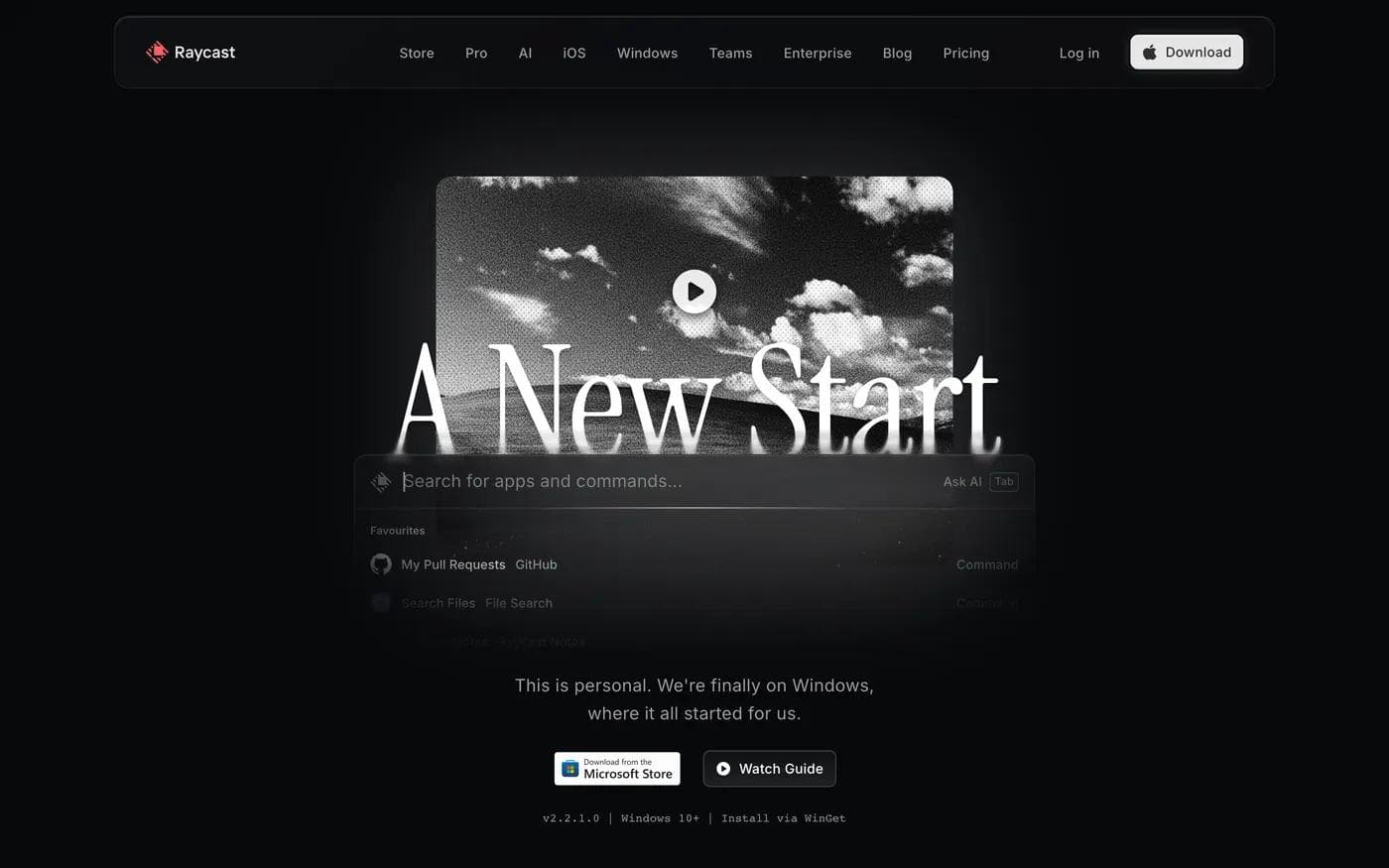 Raycast for Windows landing page with the headline A New Start over a command bar interface, install buttons, and a version and requirements line