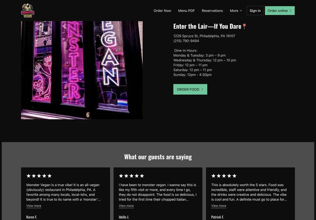 Monster Vegan location, hours, order button, and customer review cards.