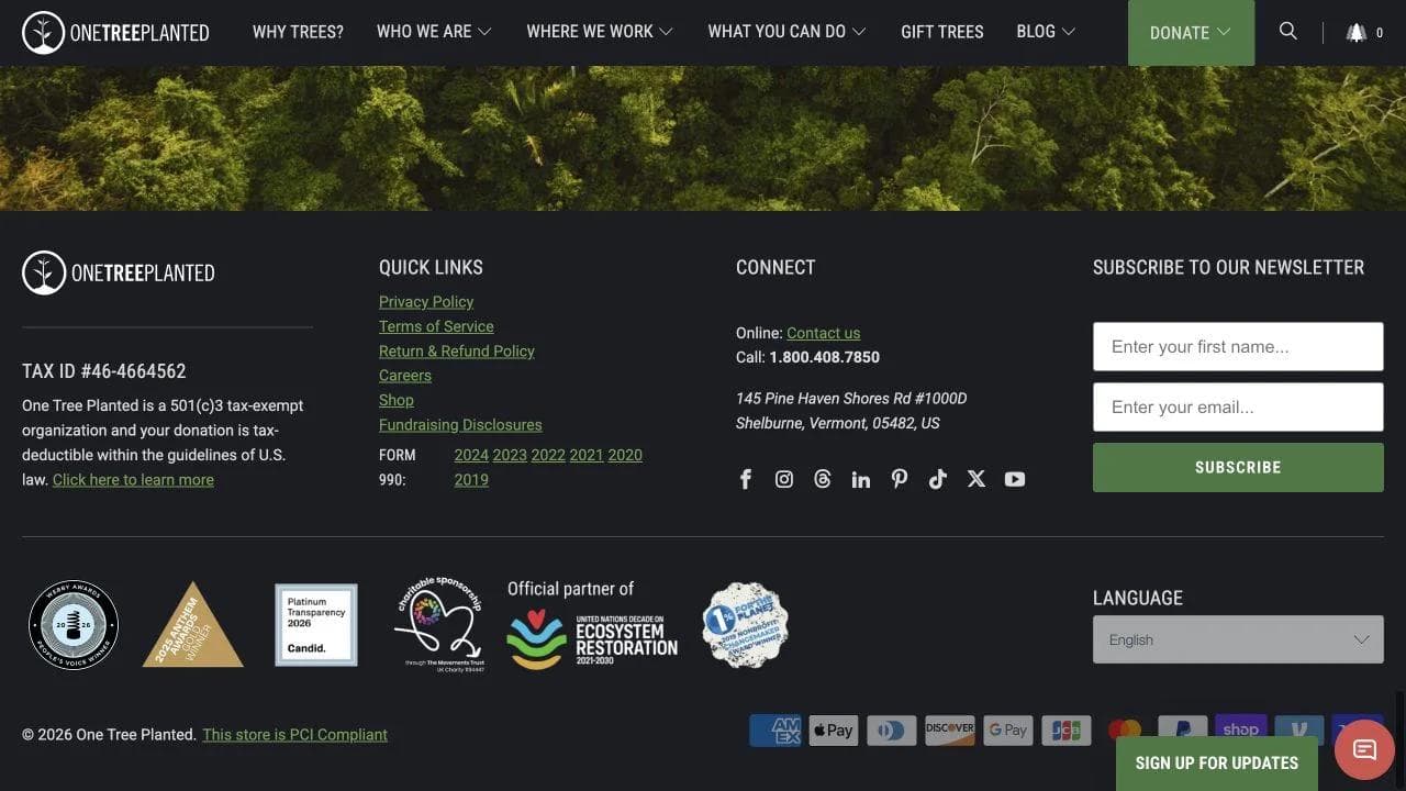 One Tree Planted closing website section