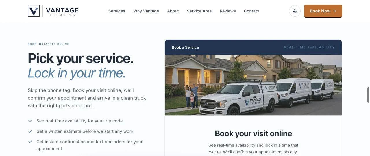 Vantage Plumbing online service selection and appointment booking section