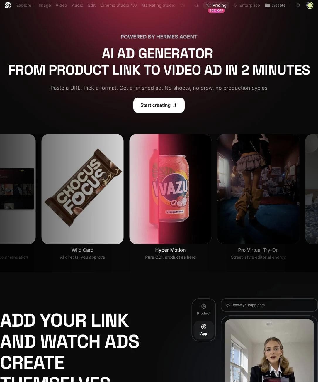 Higgsfield AI Ad Generator showing product-link input and video formats including hyper motion and virtual try-on