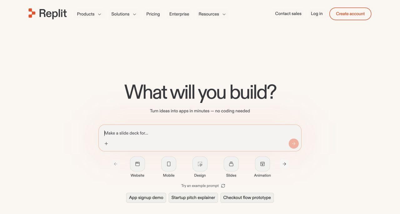 Replit start page with a prompt field and creation choices for websites, mobile apps, design, slides, and animation