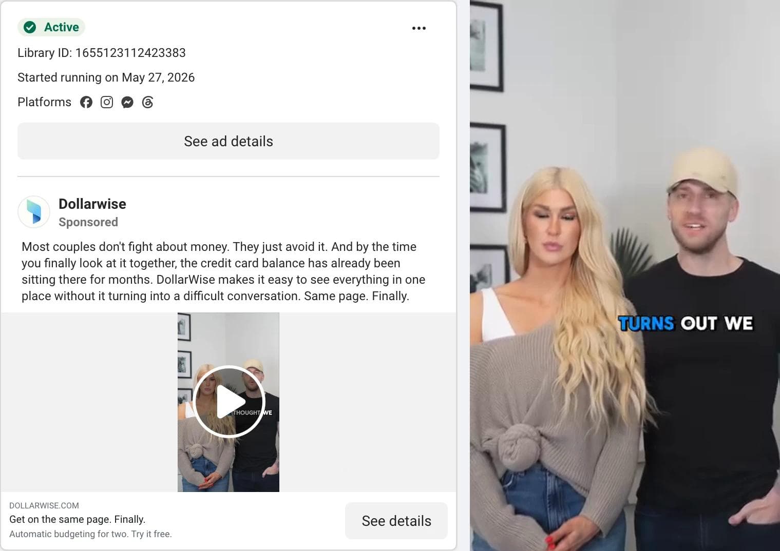 Meta Ad Library card for a Dollarwise video ad, with a frame showing a couple standing side by side with the caption Turns out we
