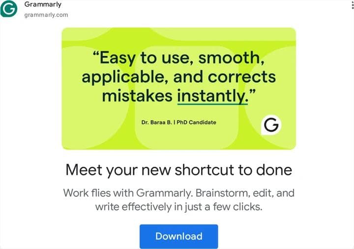 Ads Transparency Center detail view of a Grammarly image ad: a customer quote set large on a lime green field with a small attribution line and the Grammarly logo