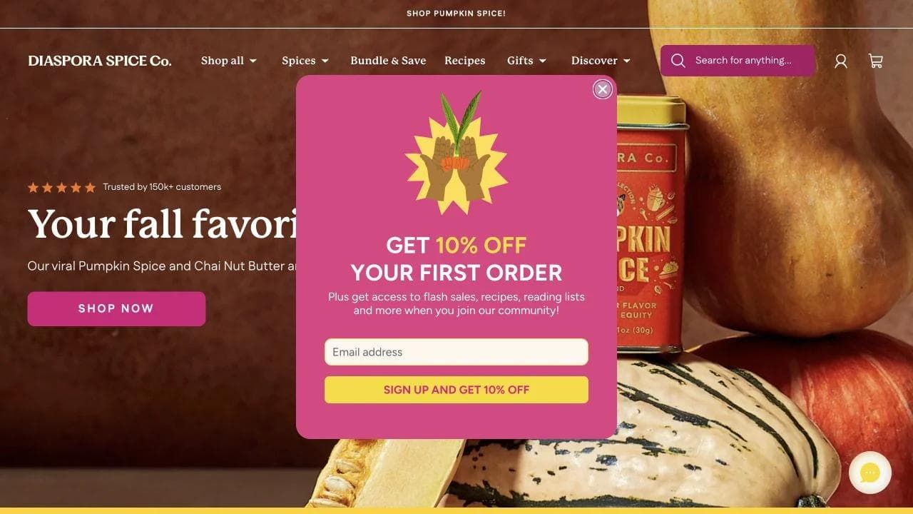 Diaspora Co spice homepage with seasonal product promotion and sourcing principles
