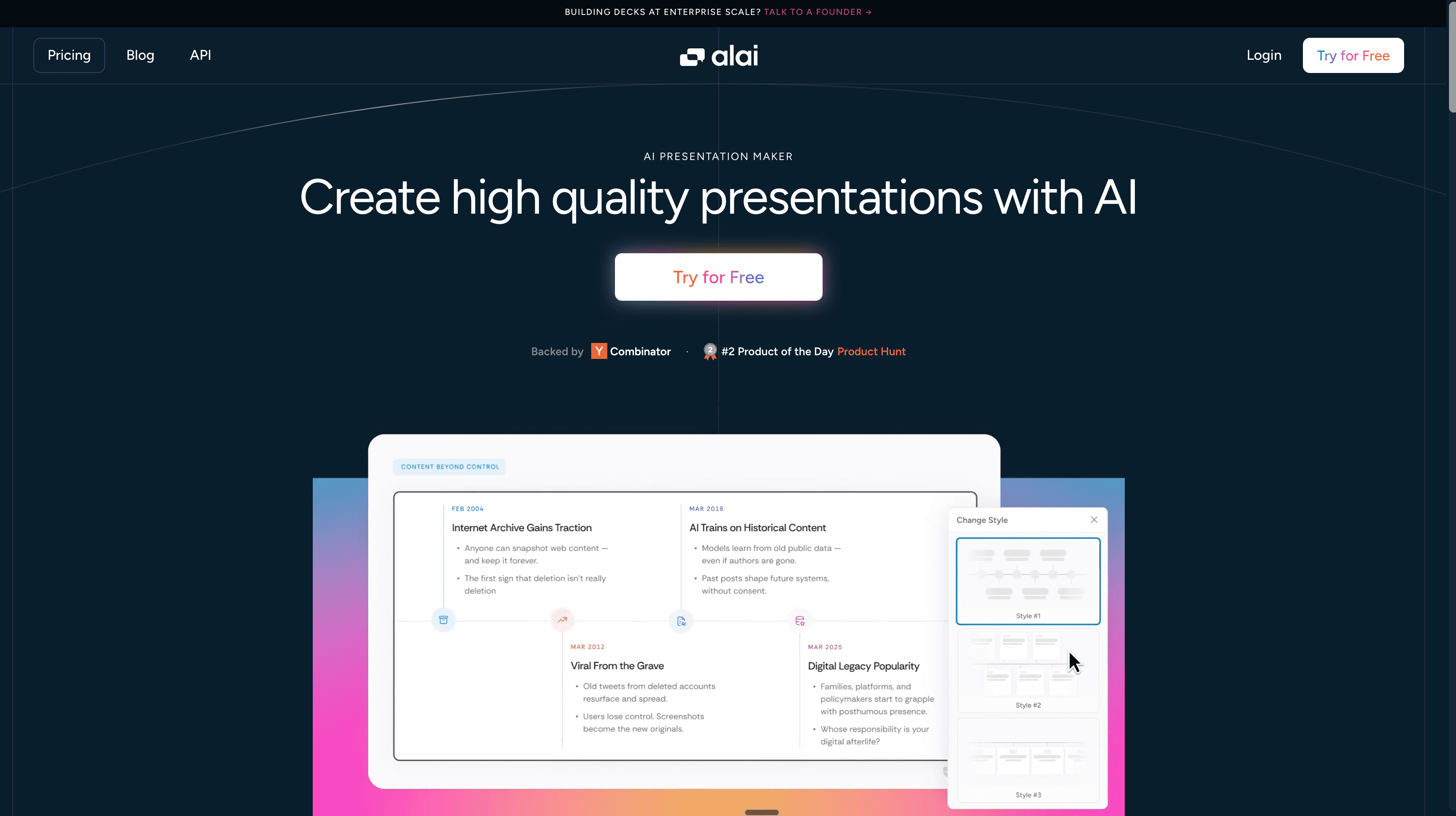 Alai presentation editor showing a generated slide and slide editing controls