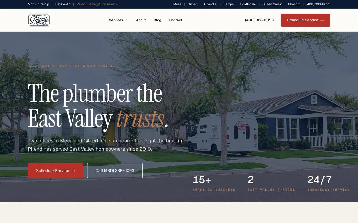 Phend Plumbing homepage hero with a utility bar of service areas and phone number, the headline The plumber the East Valley trusts, and buttons for Schedule Service and Call