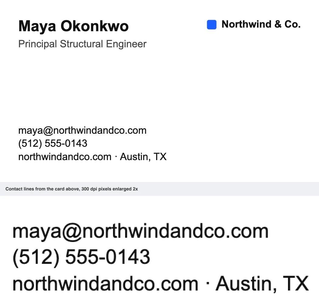 Business card in Arial at 300 dpi: name at 12 pt bold, title and three contact lines at 8 pt, with the contact lines enlarged below