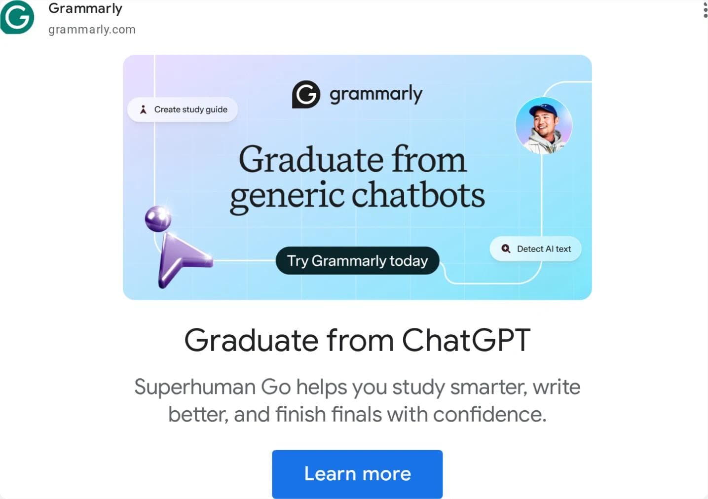 A Grammarly responsive display ad: an illustration with the words Graduate from generic chatbots and a Try Grammarly today pill, under the headline Graduate from ChatGPT and a description about Superhuman Go