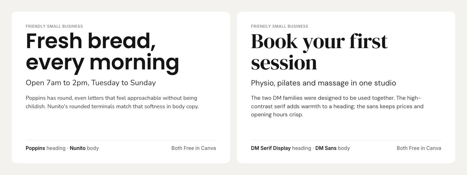 Two friendly small business pairings: Poppins Semibold over Nunito on a bakery heading, and DM Serif Display over DM Sans on a studio booking heading