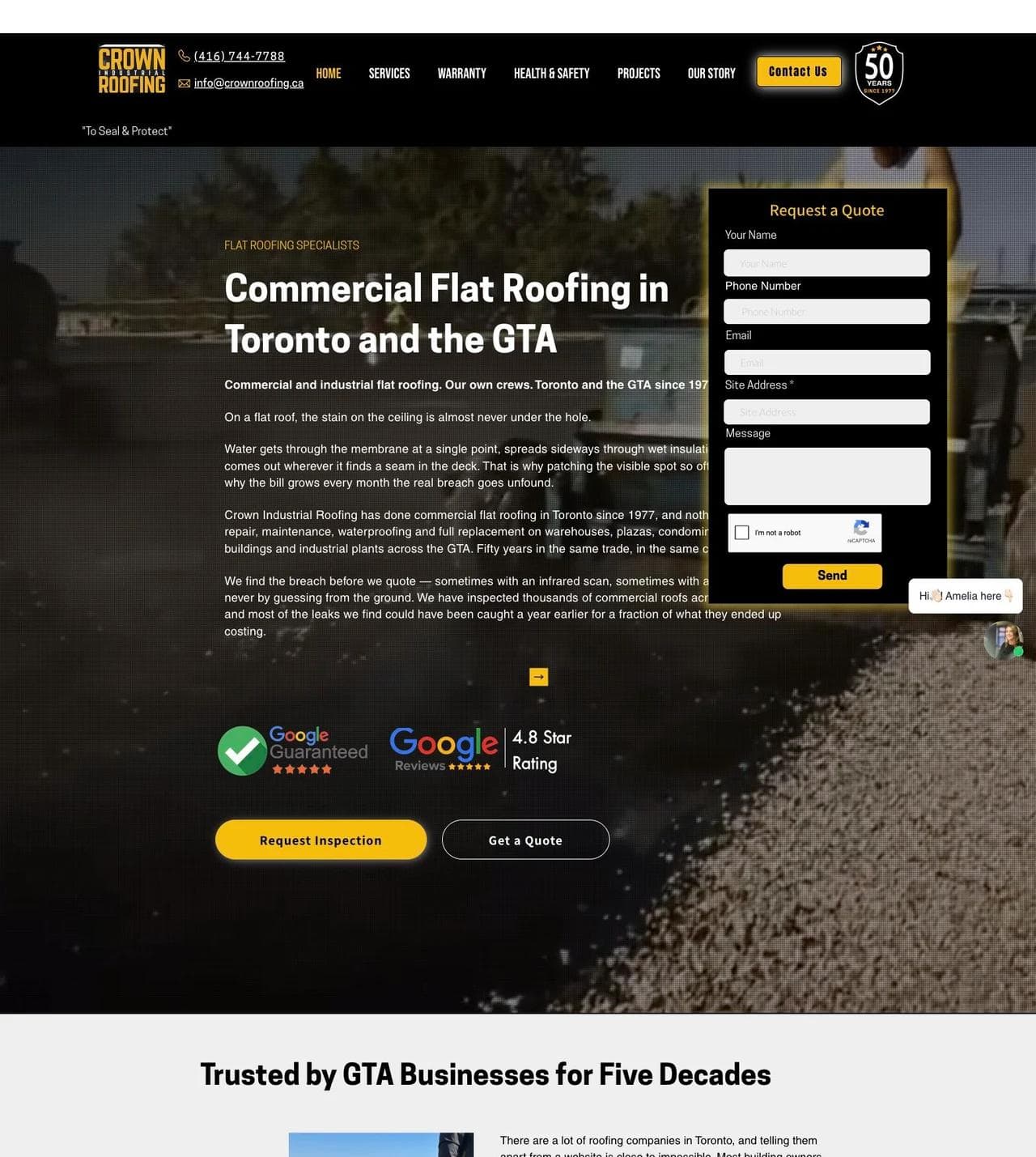 Crown Industrial Roofing commercial flat-roofing hero with inspection form and trust signals