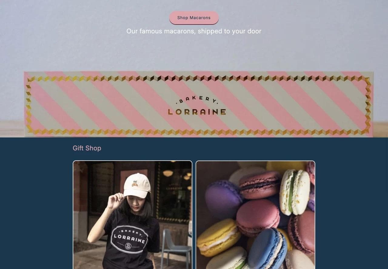 Bakery Lorraine shipped-macaron promotion followed by gift-shop products.