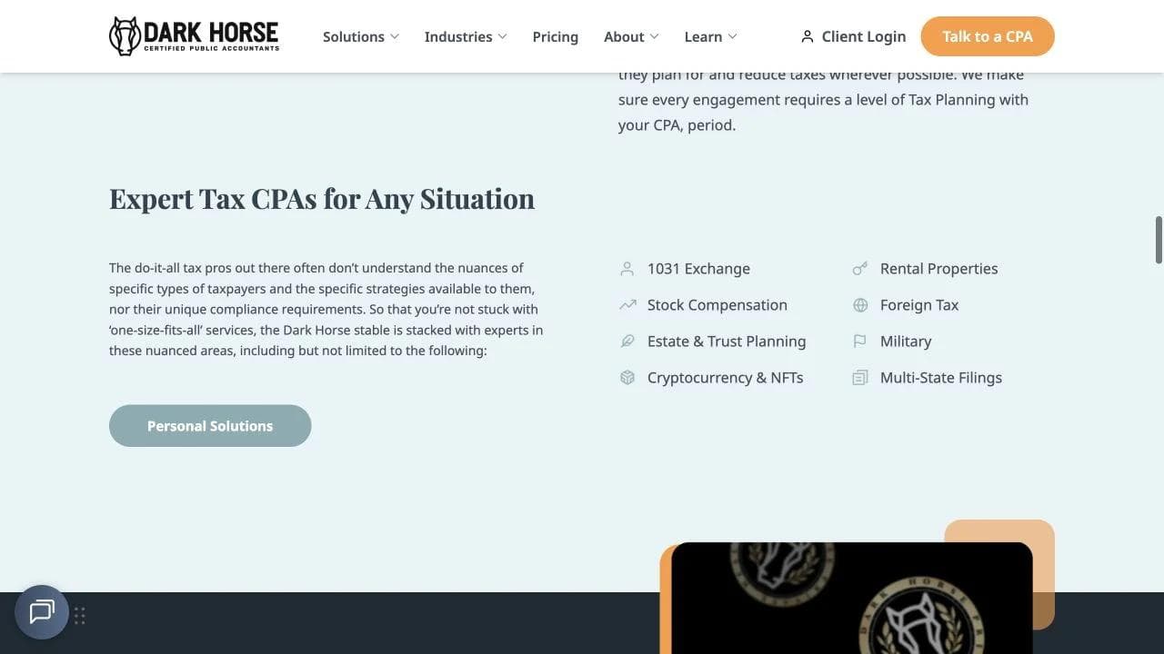 Dark Horse CPAs middle website section