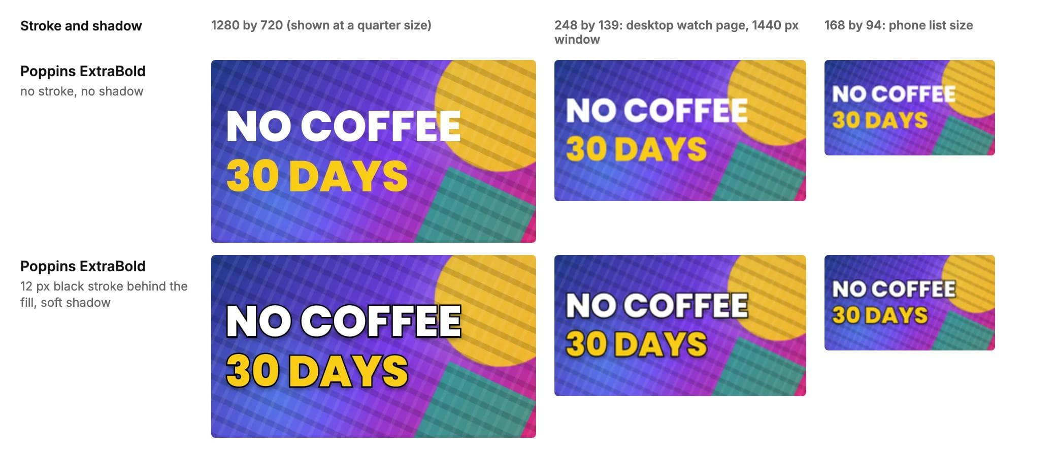 Poppins ExtraBold with and without a black stroke and shadow, at 1280 by 720, 248 by 139 and 168 by 94; without the stroke the white letters merge into the yellow shape behind them at phone size